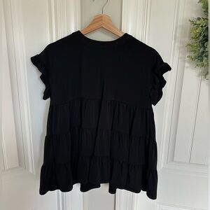 Versona Black Ruffle Tiered Short Sleeve Tunic Babydoll Top